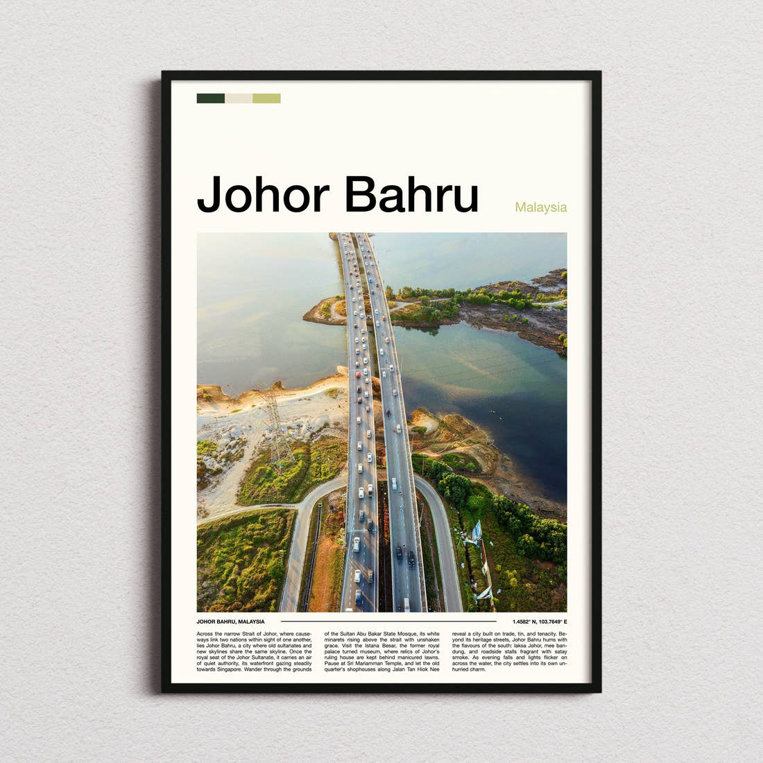 Johor Bahru Aerial Causeway View Travel Print framed and photographed straight on