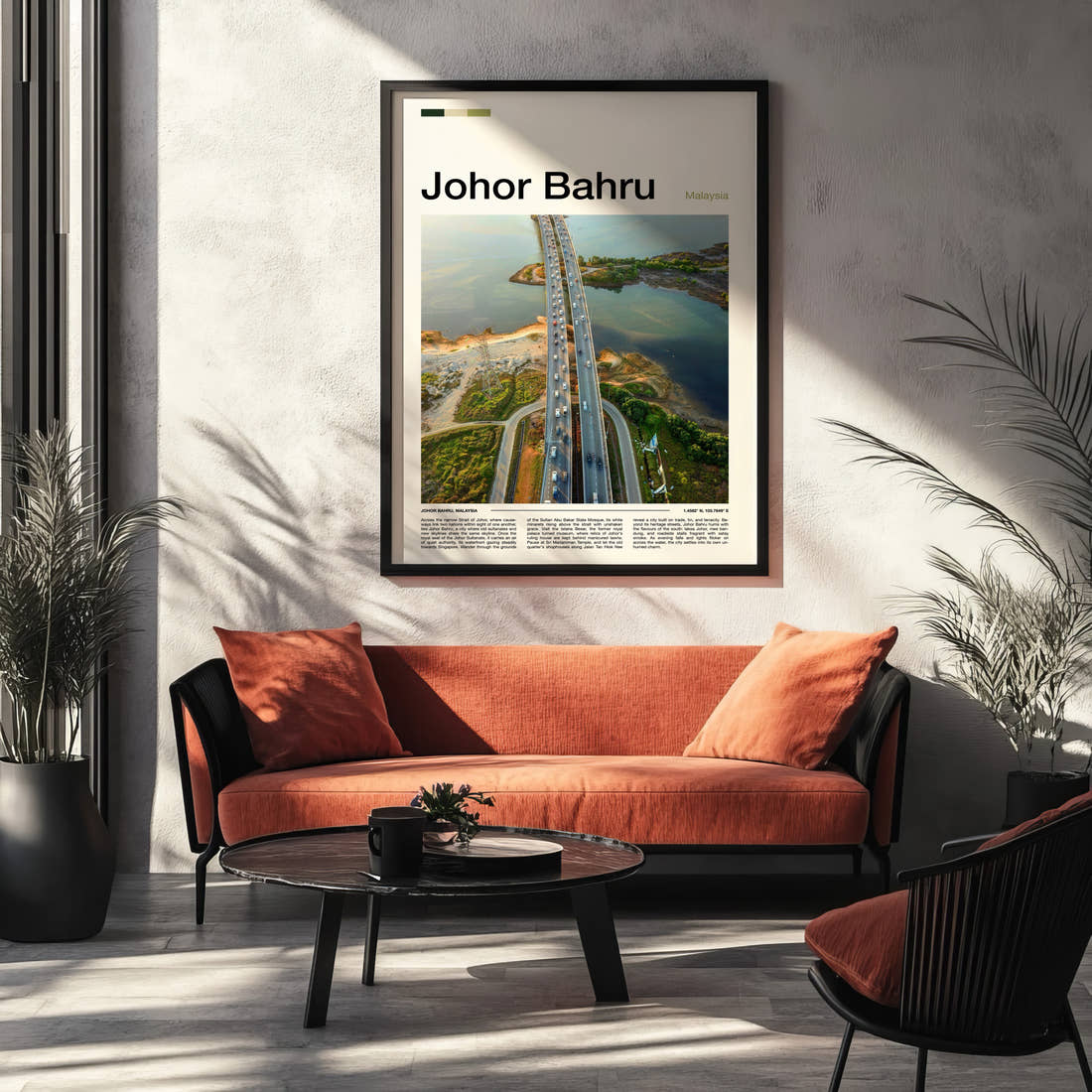 Johor Bahru Aerial Causeway View Travel Print framed on the wall of a modern living room