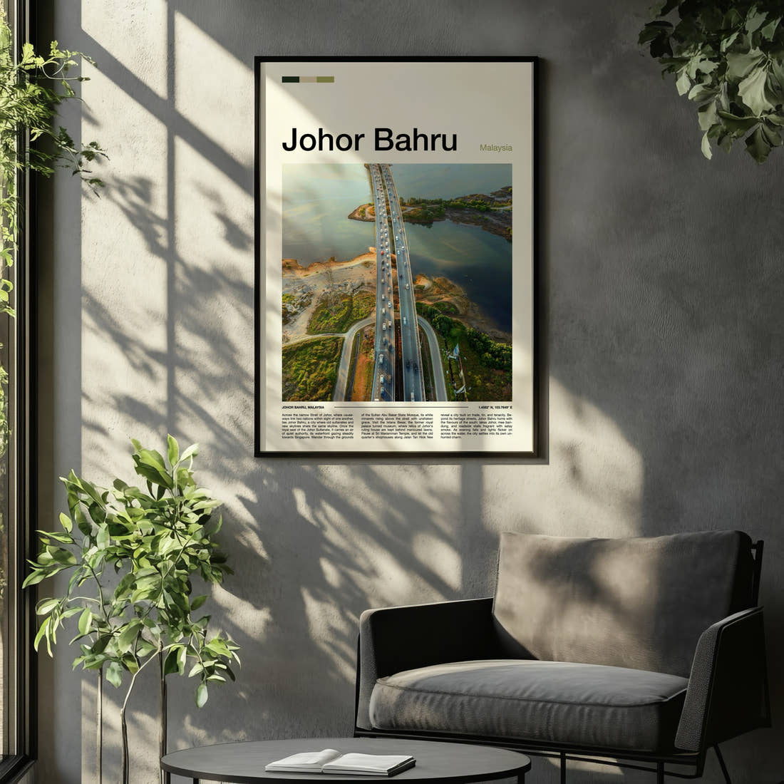 Johor Bahru Aerial Causeway View Travel Print framed on the wall of a relaxed living room