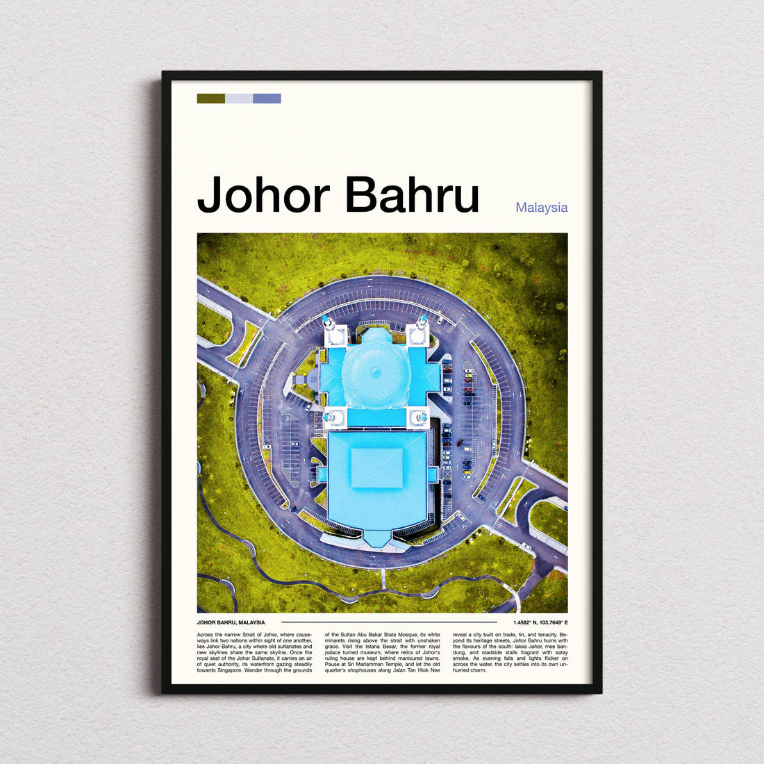 Johor Bahru Aerial Mosque View Travel Print framed and photographed straight on
