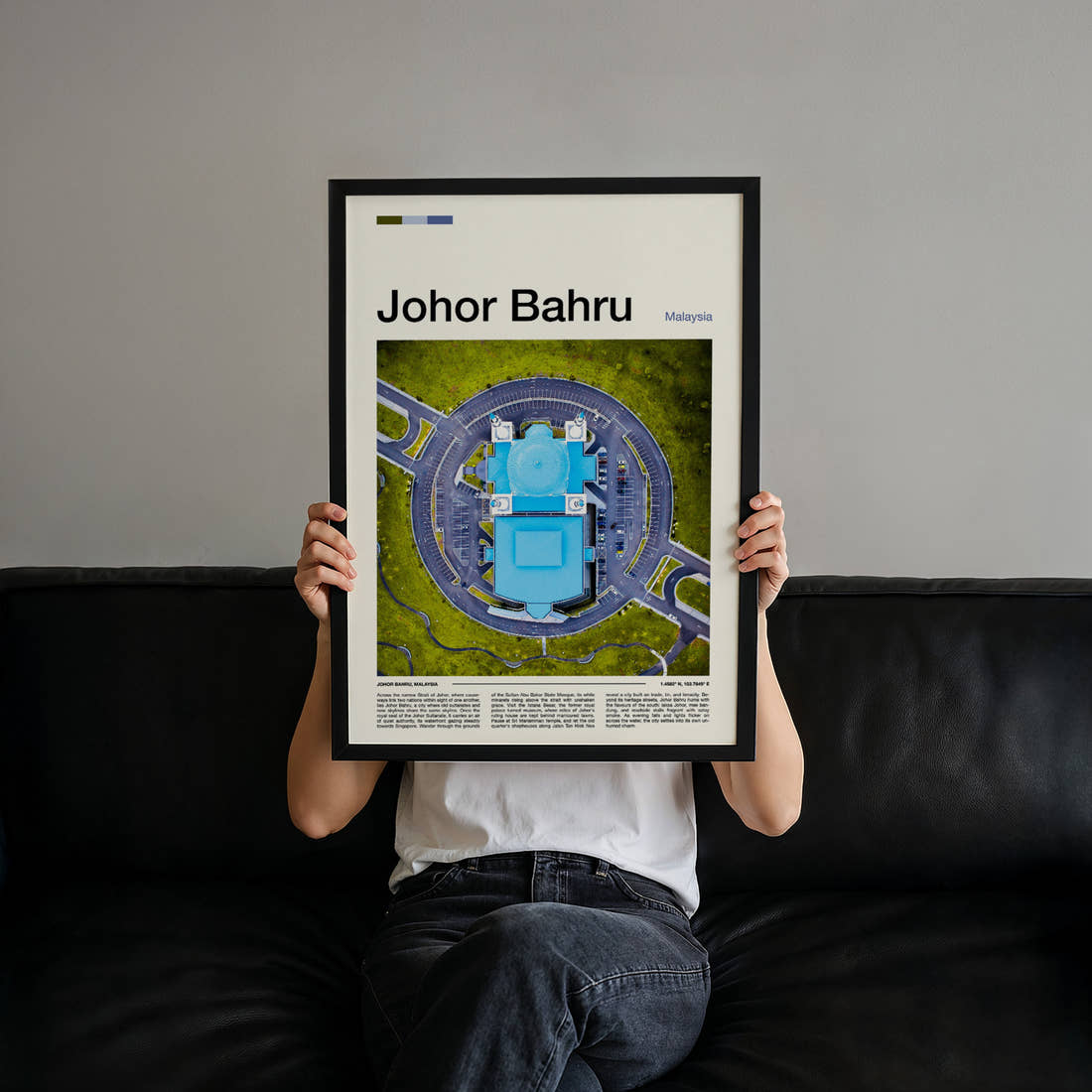 Johor Bahru Aerial Mosque View Travel Print held up by hand to show the size of the print
