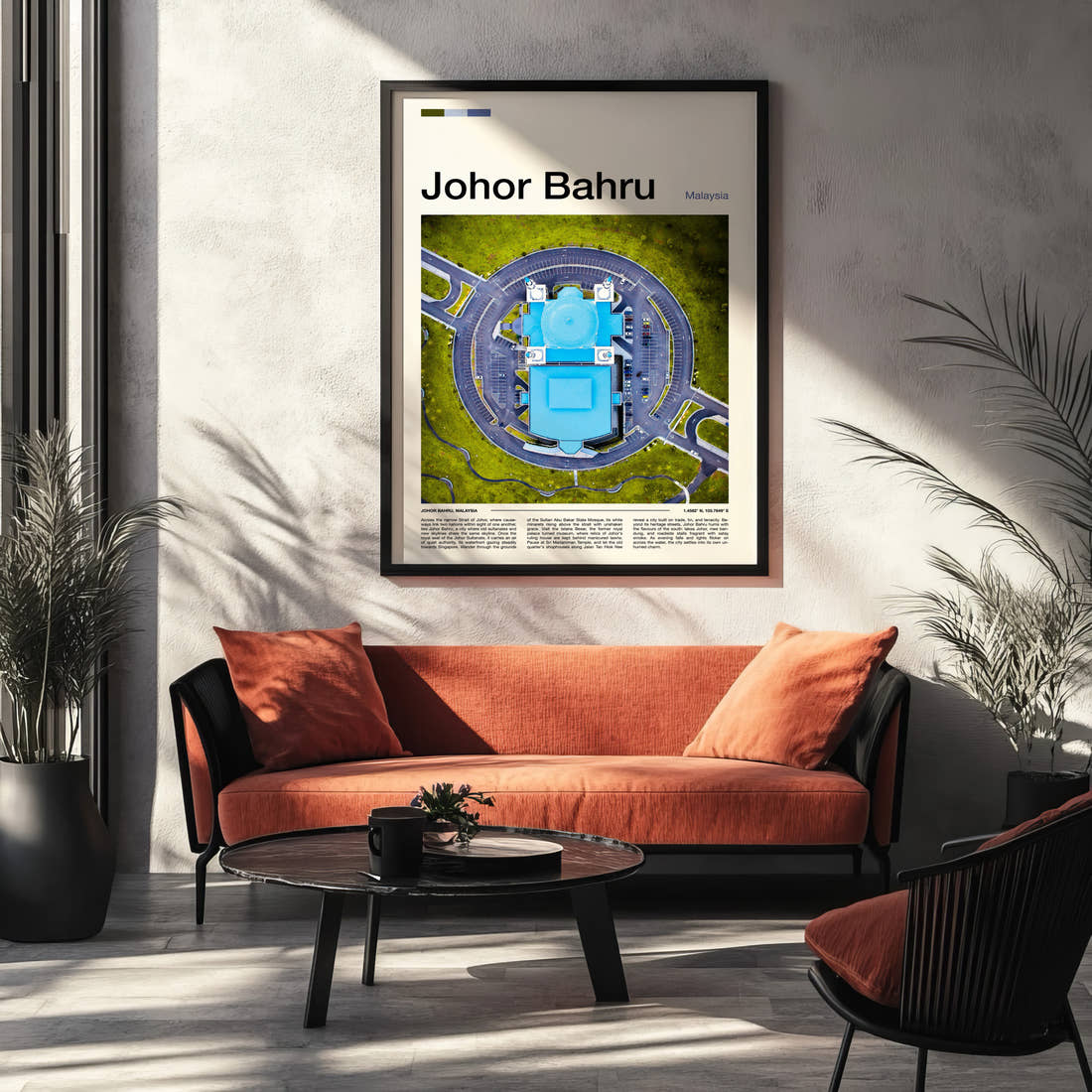Johor Bahru Aerial Mosque View Travel Print framed on the wall of a modern living room