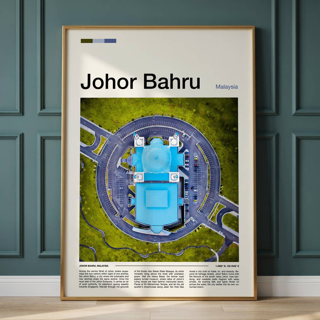 Johor Bahru Aerial Mosque View Travel Print framed on the wall of a calm, neutral bedroom