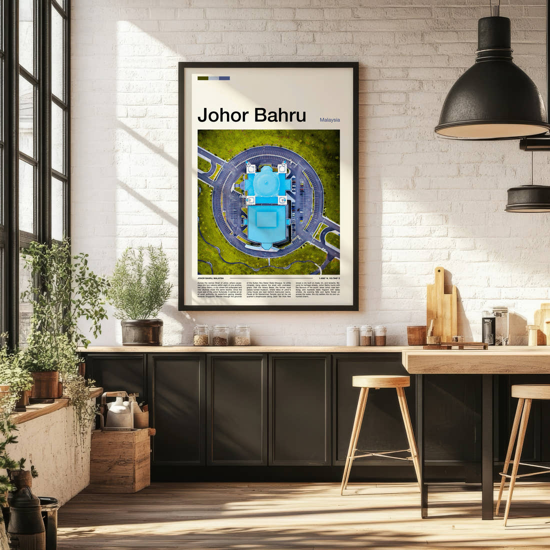 Johor Bahru Aerial Mosque View Travel Print framed on the wall of a bright kitchen and dining space