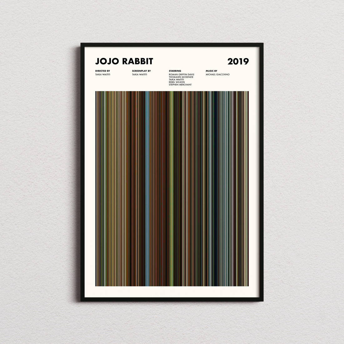 Jojo Rabbit Movie Barcode Poster framed on a plain studio wall