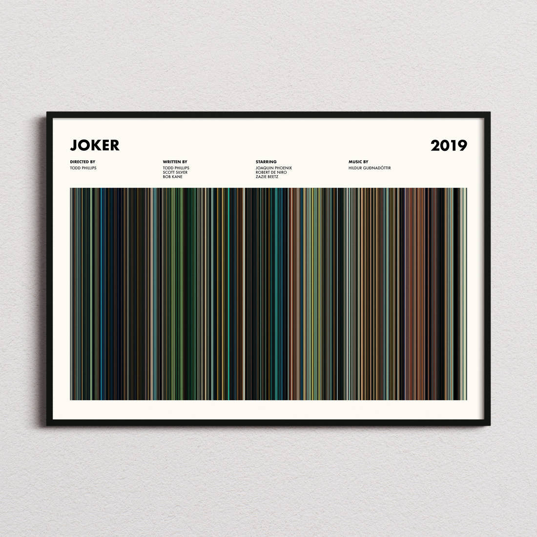 Joker Movie Barcode Poster framed and photographed straight on