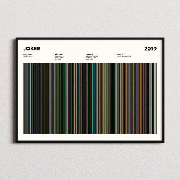 Joker Movie Barcode Poster framed and photographed straight on