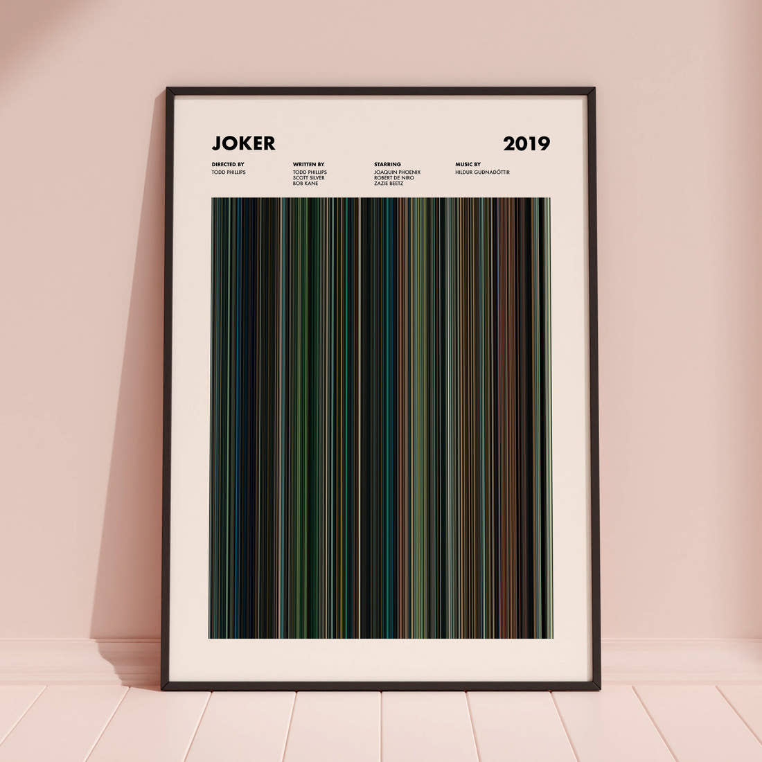Joker Movie Barcode Poster framed and leaning against a coloured wall