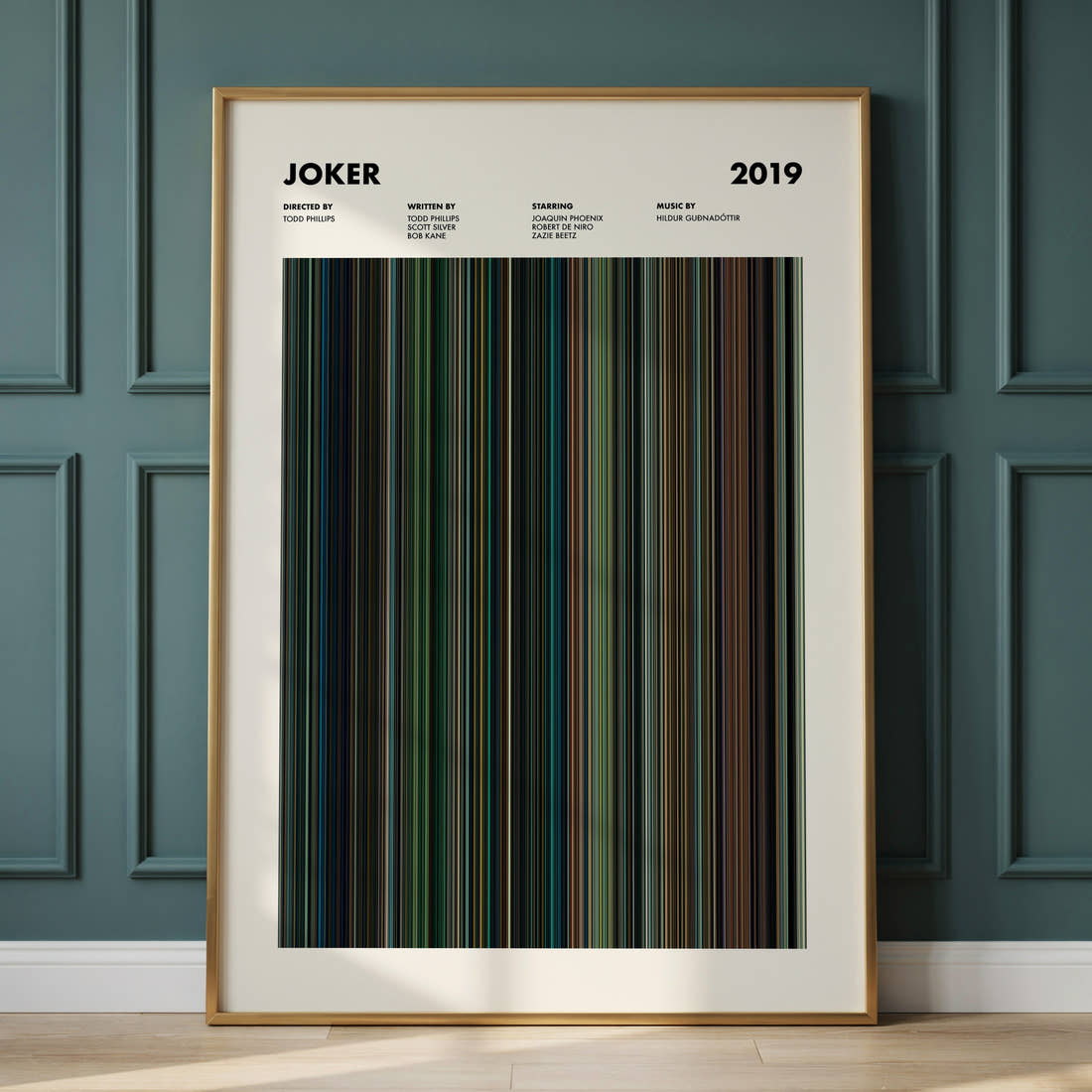 Joker Movie Barcode Poster framed and leaning against a panelled wall
