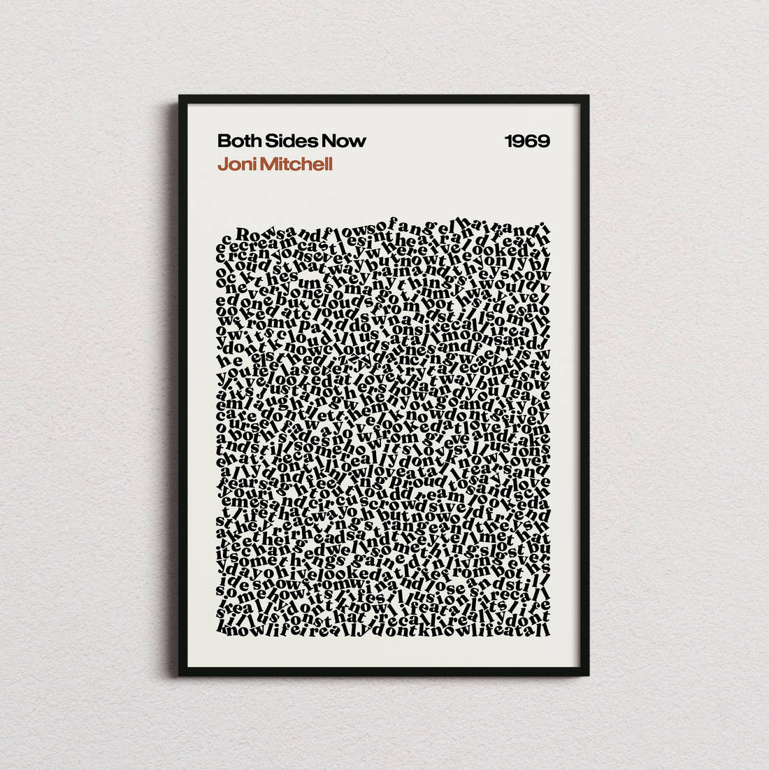 Joni Mitchell Both Sides Now Lyric Print in the cream colourway, framed