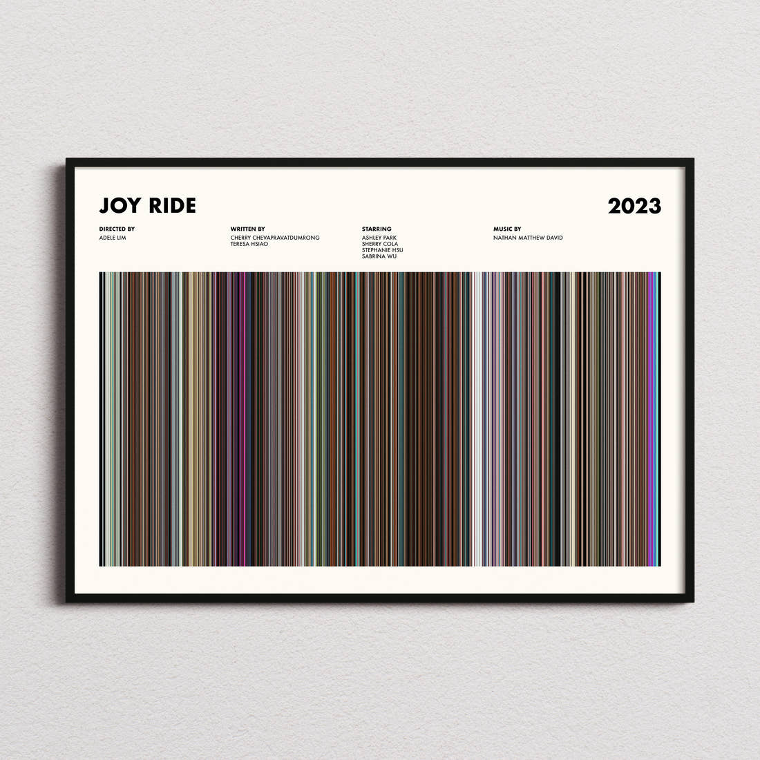 Joy Ride Movie Barcode Poster framed and photographed straight on