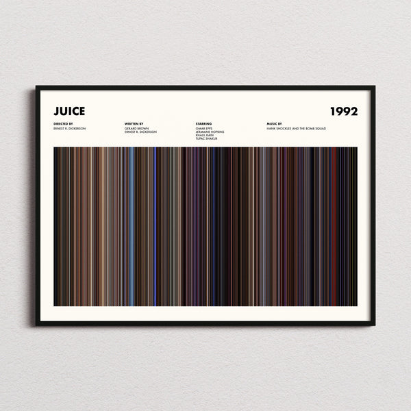 Juice Movie Barcode Poster framed and photographed straight on