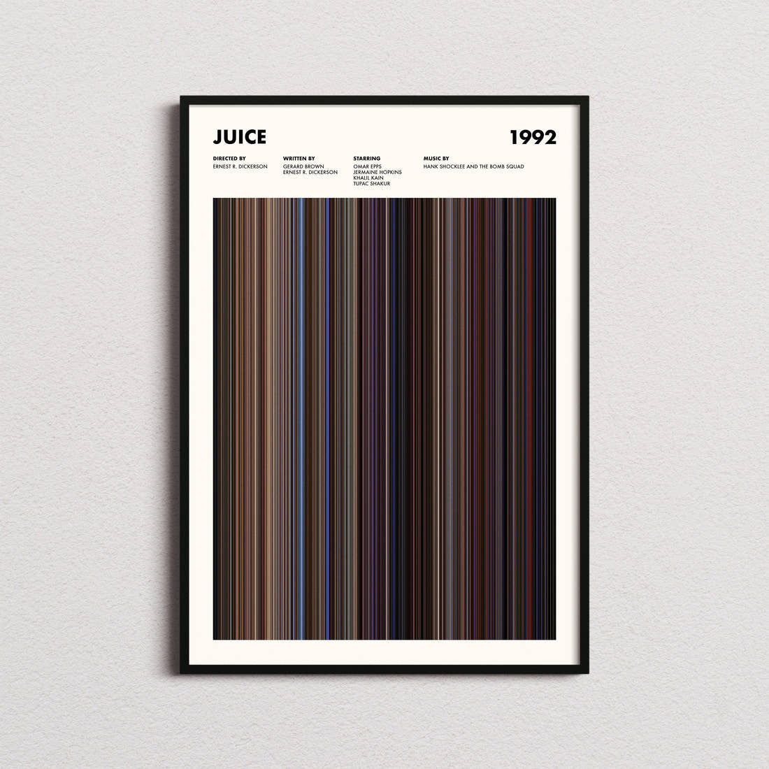 Juice Movie Barcode Poster framed on a plain studio wall