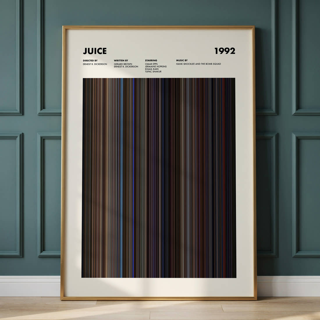 Juice Movie Barcode Poster framed and leaning against a panelled wall