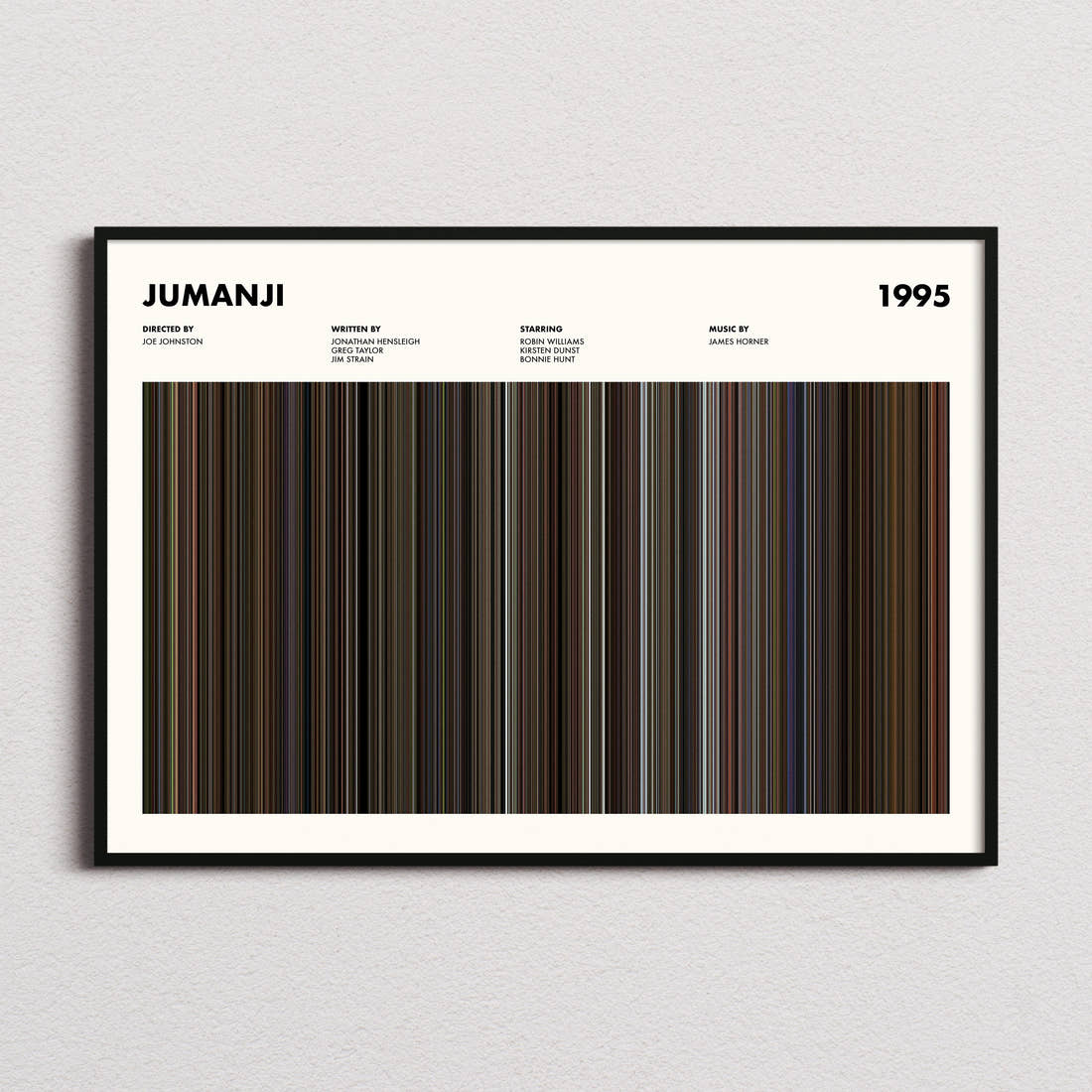 Jumanji Movie Barcode Poster framed and photographed straight on