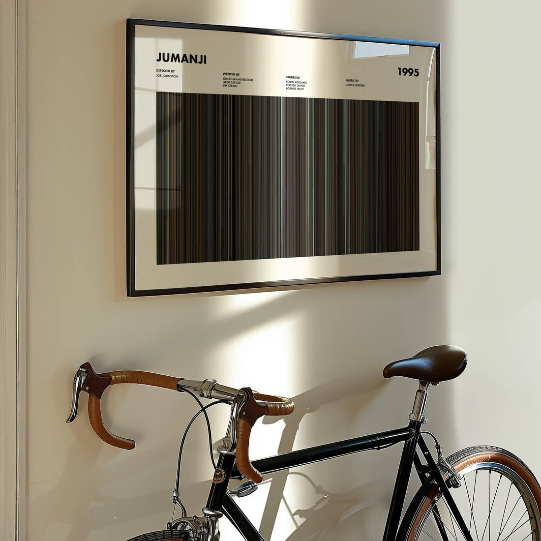 Jumanji Movie Barcode Poster framed on the wall of a styled room setting