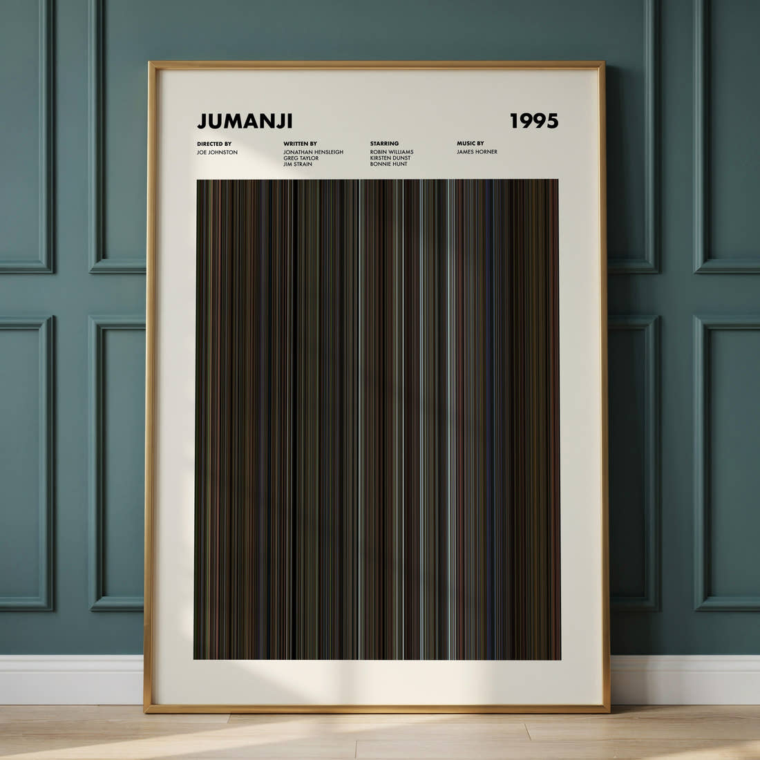 Jumanji Movie Barcode Poster framed and leaning against a panelled wall