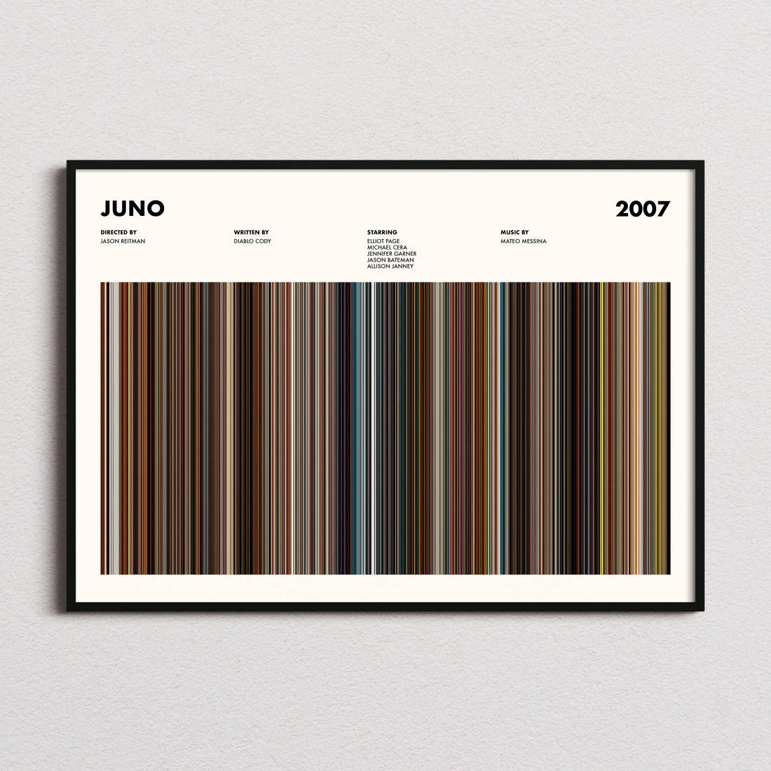 Juno Movie Barcode Poster framed and photographed straight on