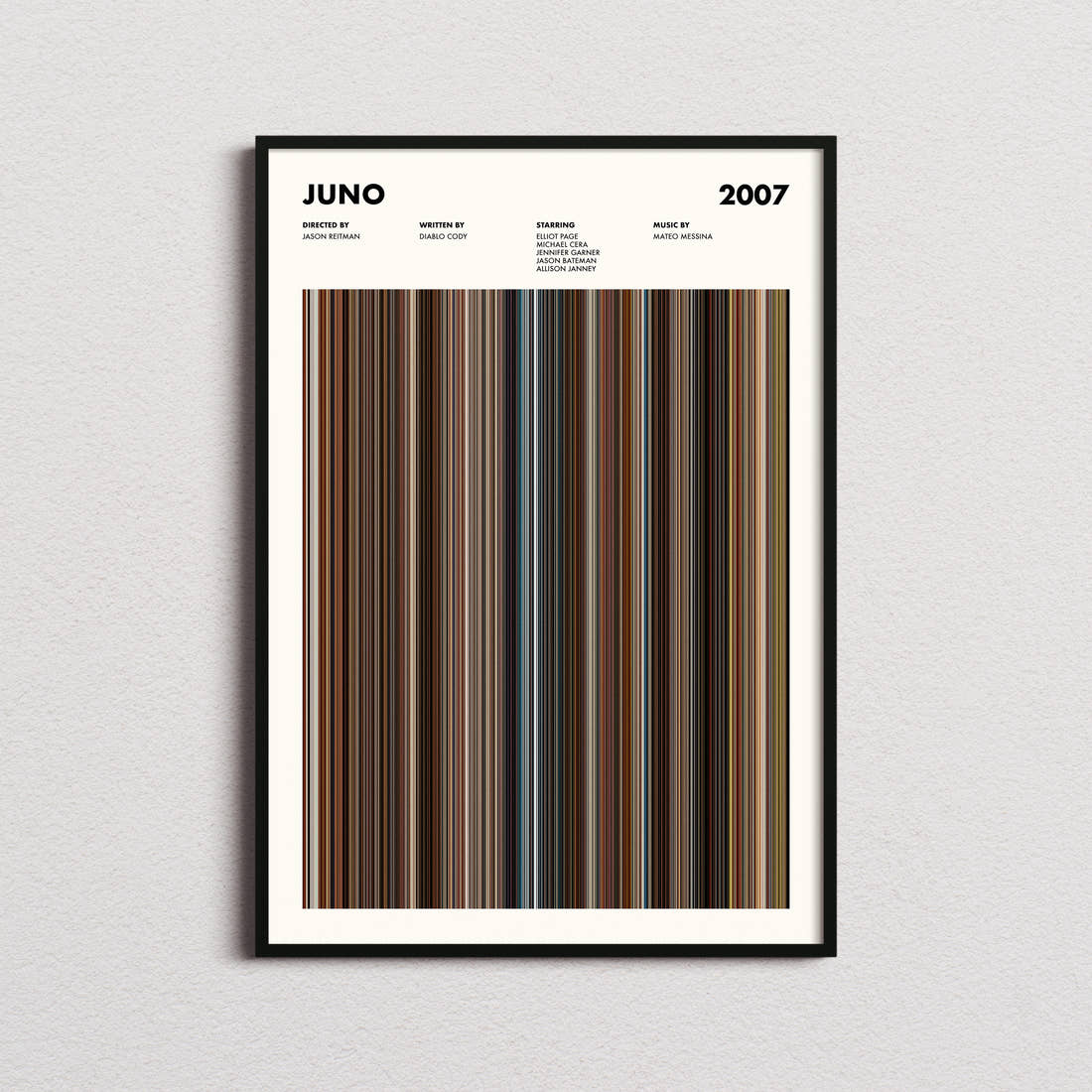 Juno Movie Barcode Poster framed on a plain studio wall