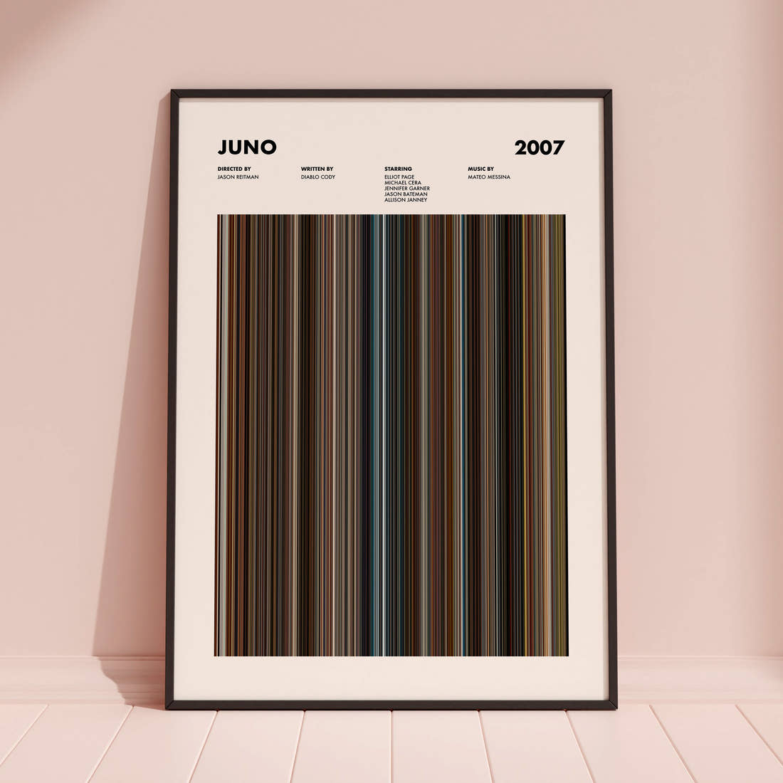 Juno Movie Barcode Poster framed and leaning against a coloured wall
