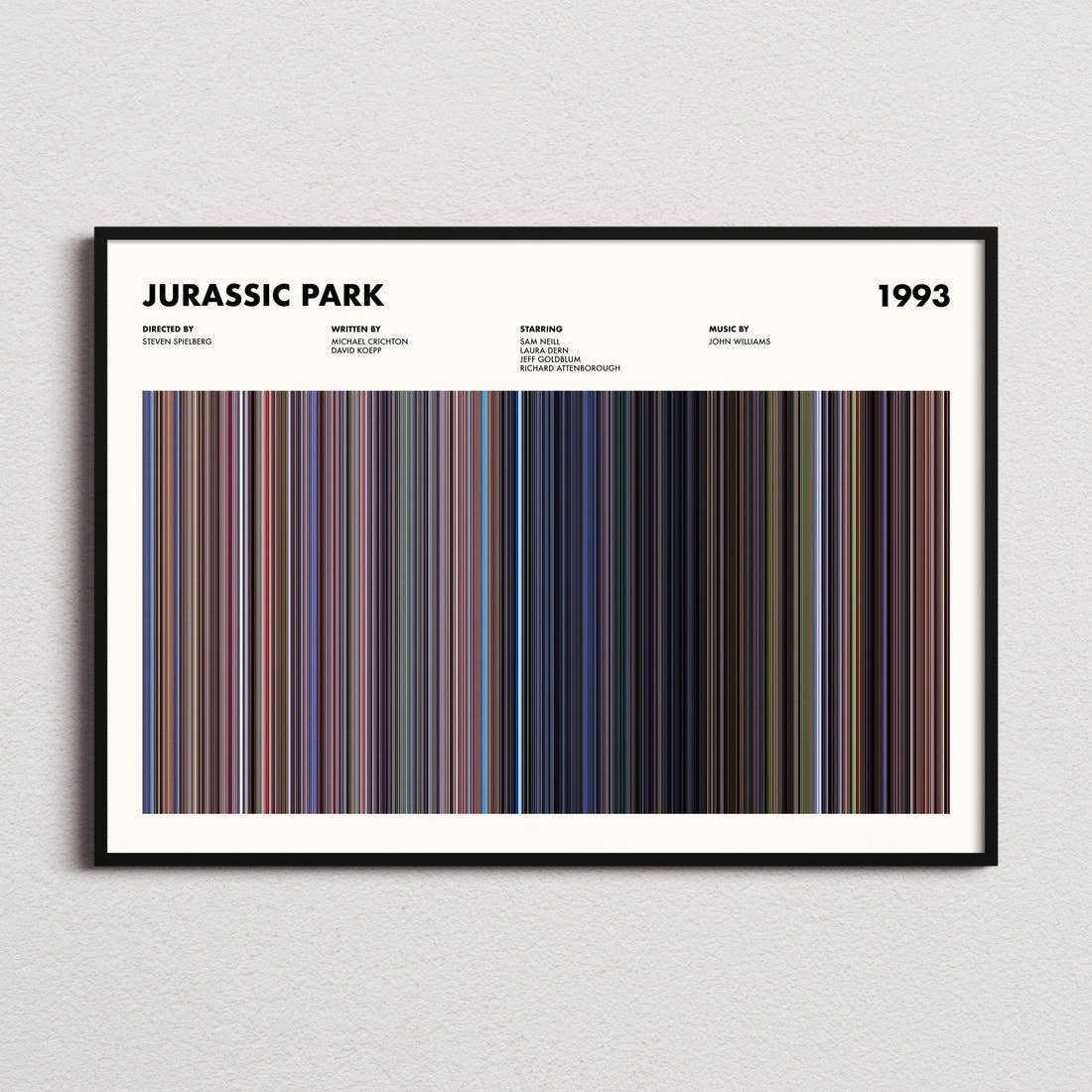 Jurassic Park Movie Barcode Poster framed and photographed straight on
