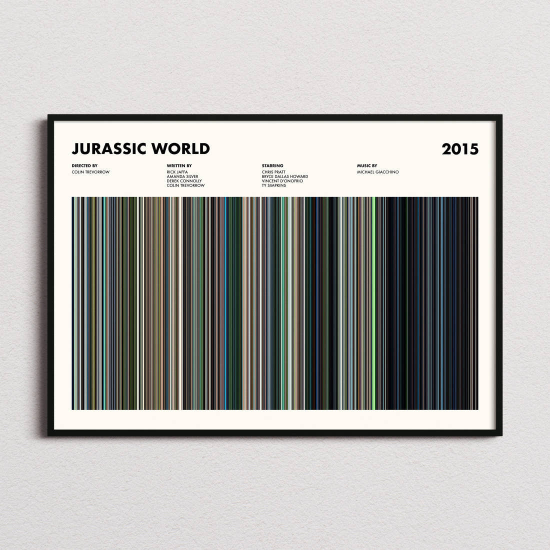 Jurassic World Movie Barcode Poster framed and photographed straight on