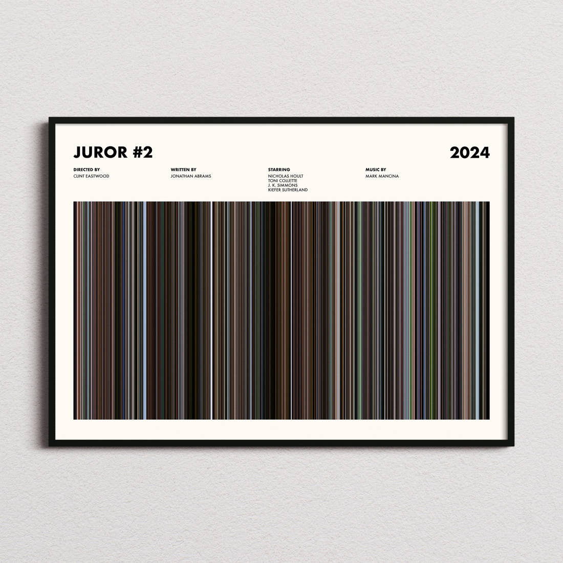 Juror #2 Movie Barcode Poster framed and photographed straight on