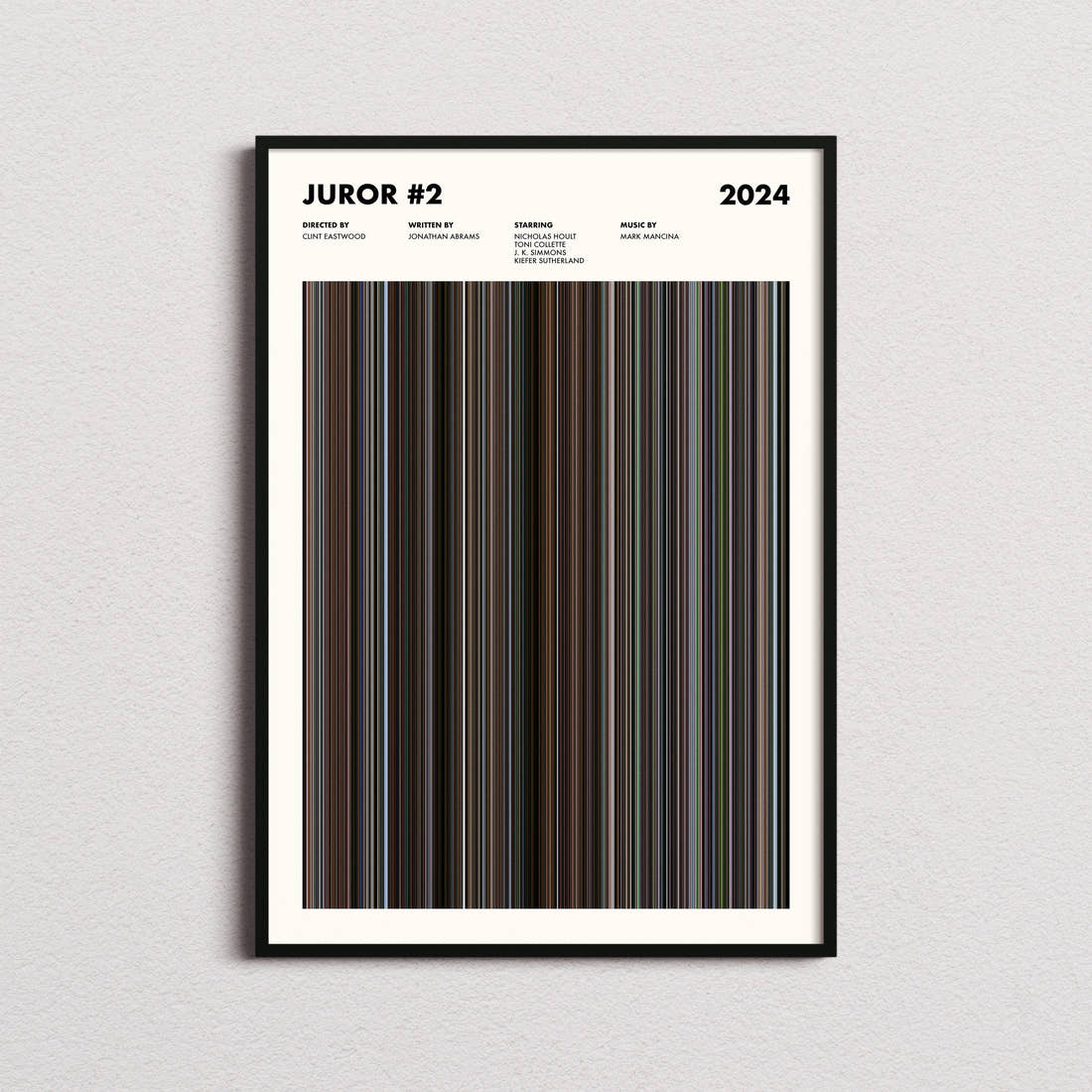 Juror #2 Movie Barcode Poster framed on a plain studio wall