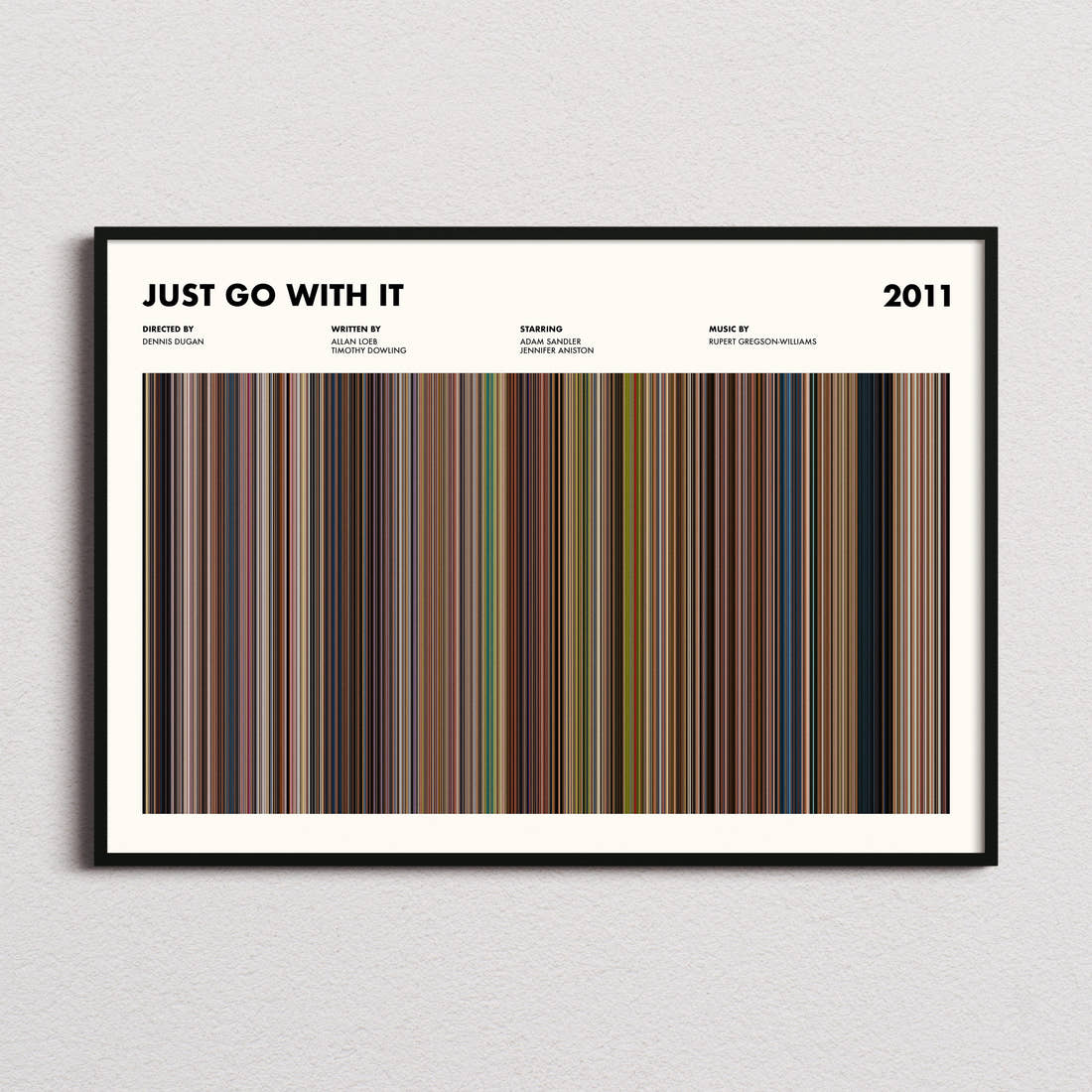 Just Go With It Movie Barcode Poster framed and photographed straight on