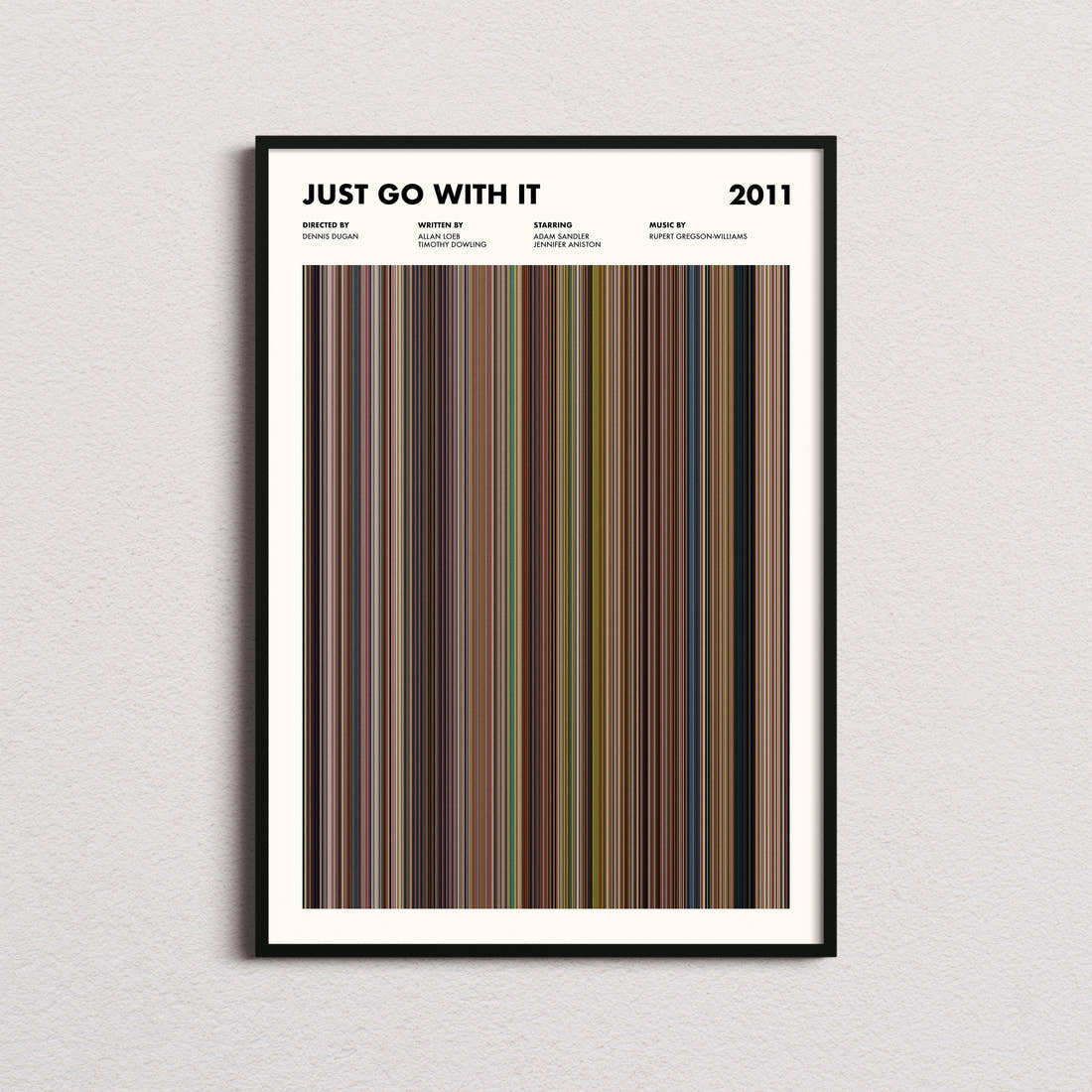 Just Go With It Movie Barcode Poster framed on a plain studio wall
