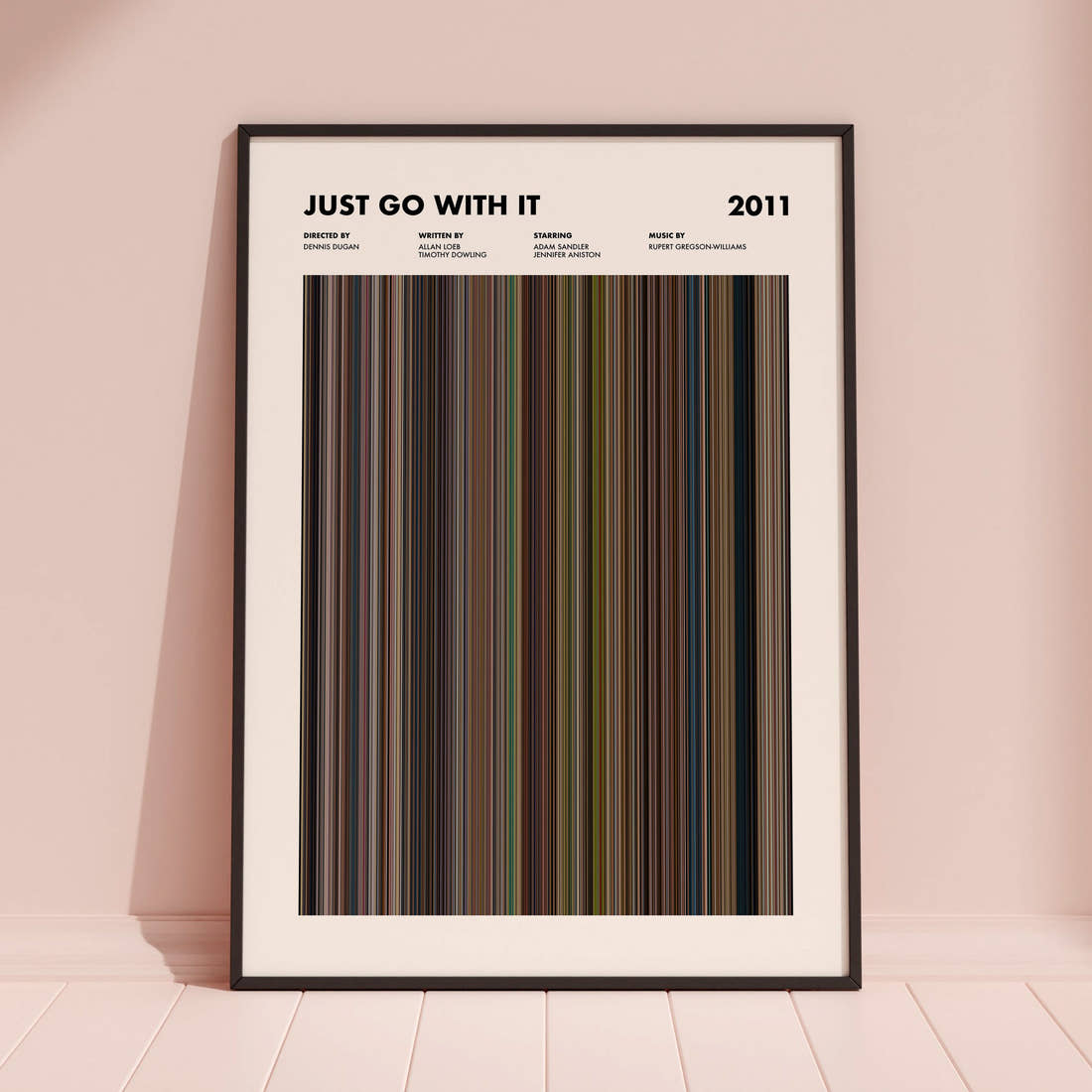 Just Go With It Movie Barcode Poster framed and leaning against a coloured wall