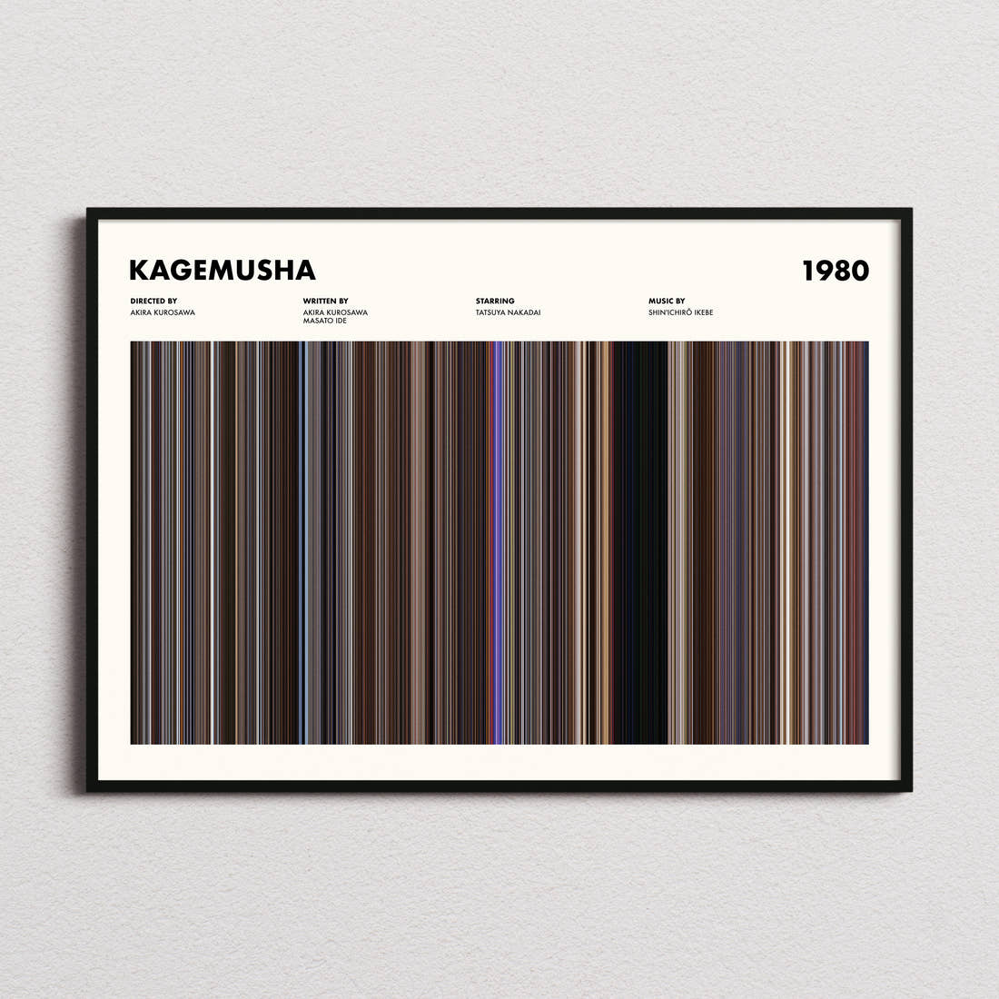Kagemusha Movie Barcode Poster framed and photographed straight on