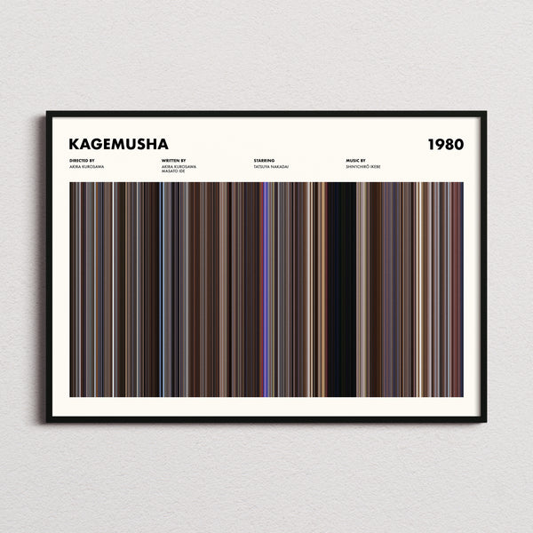 Kagemusha Movie Barcode Poster framed and photographed straight on
