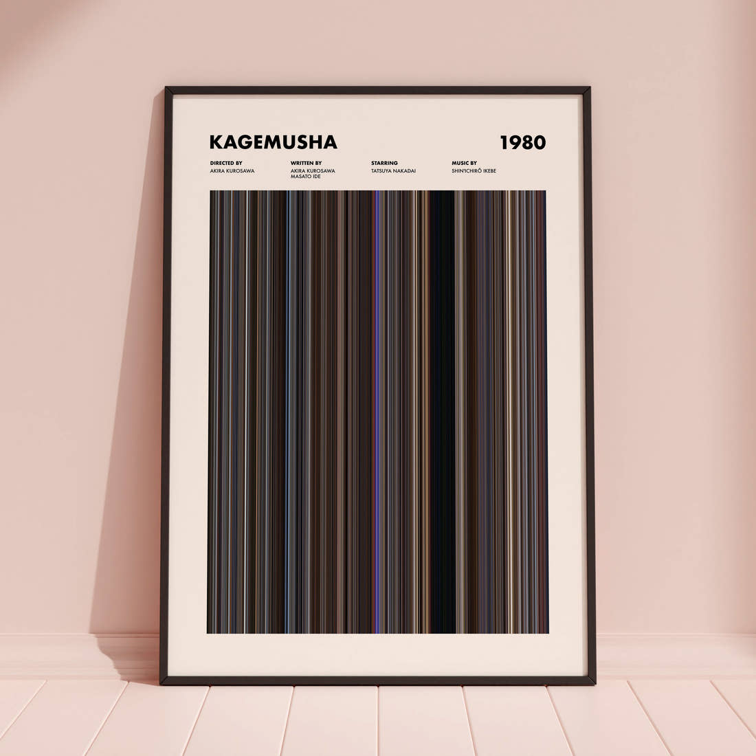 Kagemusha Movie Barcode Poster framed and leaning against a coloured wall