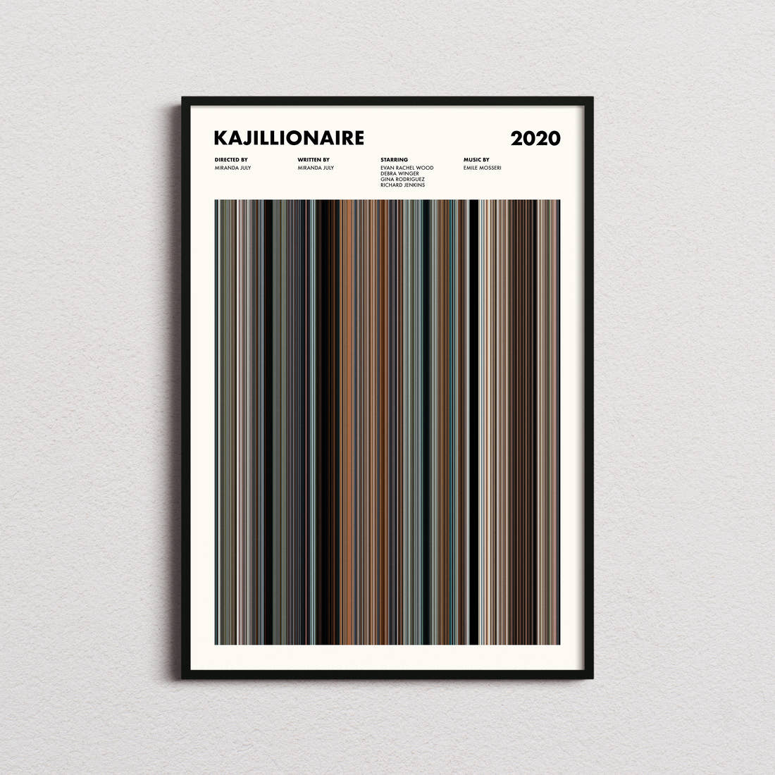 Kajillionaire Movie Barcode Poster framed on a plain studio wall