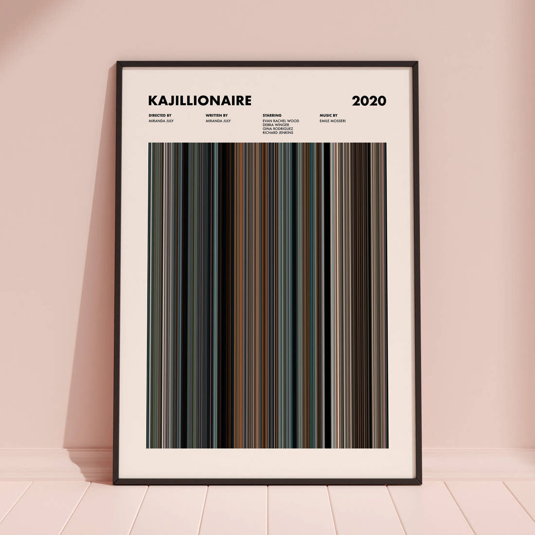 Kajillionaire Movie Barcode Poster framed and leaning against a coloured wall