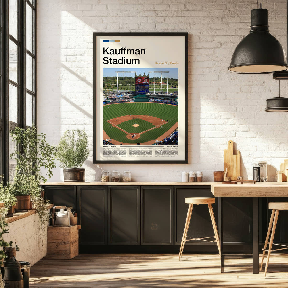 Kauffman Print framed on the wall of a bright kitchen and dining space