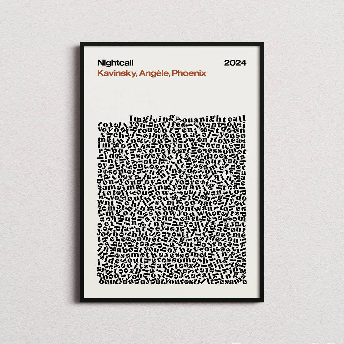 Kavinsky, Angele & Phoenix Nightcall Lyric Print in the cream colourway, framed