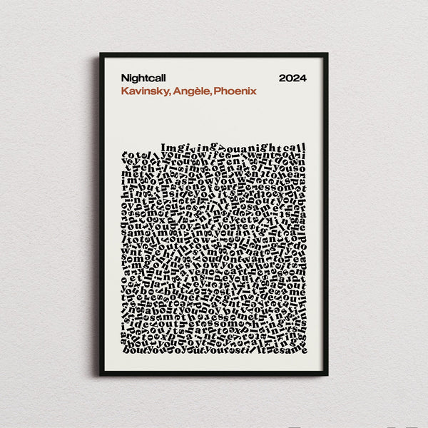 Kavinsky, Angele & Phoenix Nightcall Lyric Print in the cream colourway, framed