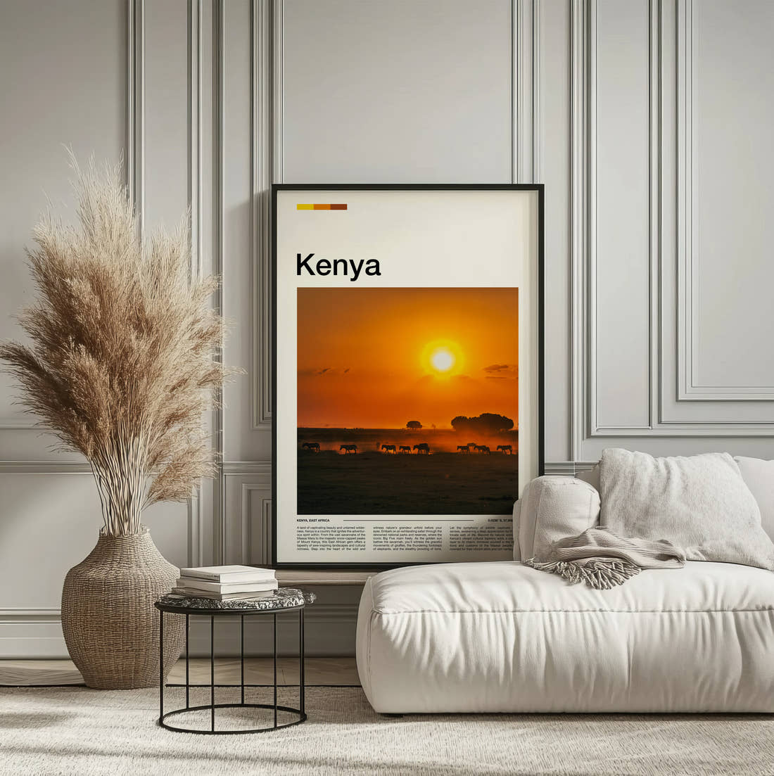 Kenya Herd At Sunset Travel Print framed on the wall of a calm, neutral bedroom