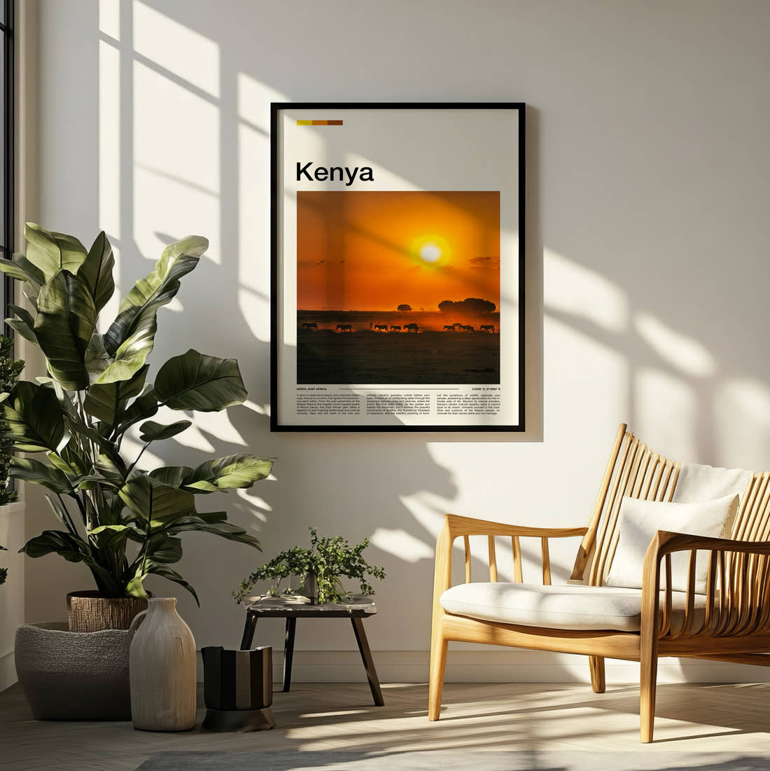 Kenya Herd At Sunset Travel Print framed on a pale wall beside houseplants