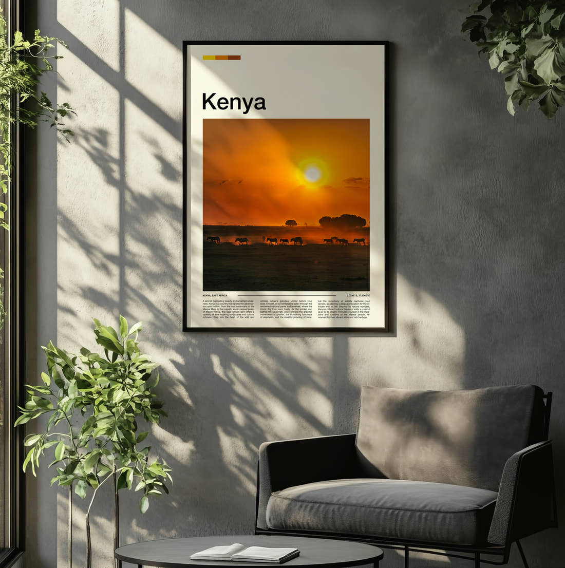 Kenya Herd At Sunset Travel Print framed on the wall of a relaxed living room