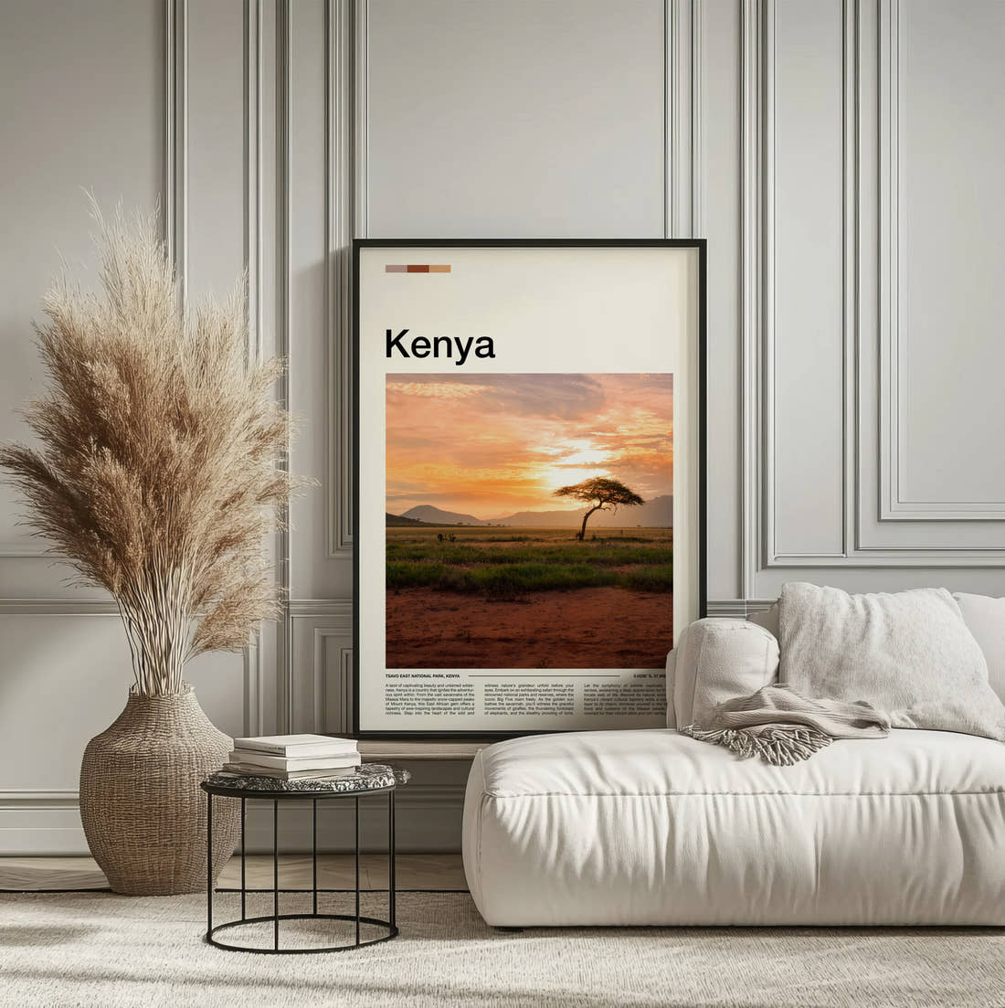 Kenya Lone Acacia Tree Travel Print framed on the wall of a calm, neutral bedroom