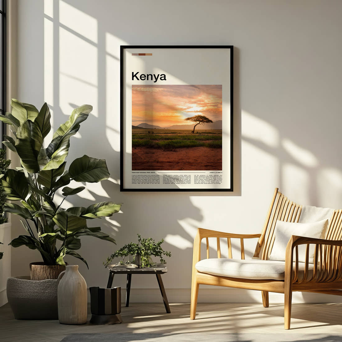 Kenya Lone Acacia Tree Travel Print framed on a pale wall beside houseplants