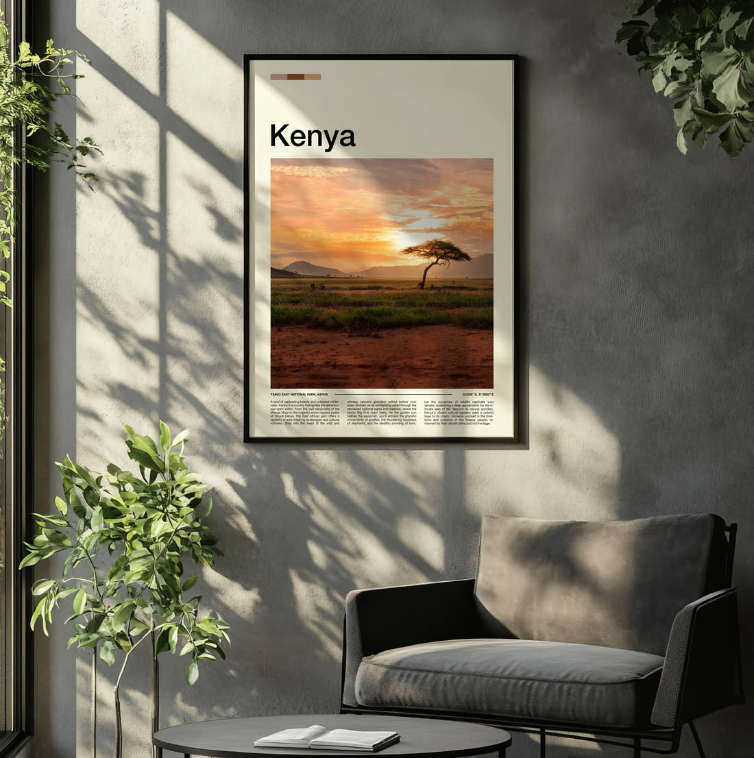 Kenya Lone Acacia Tree Travel Print framed on the wall of a relaxed living room