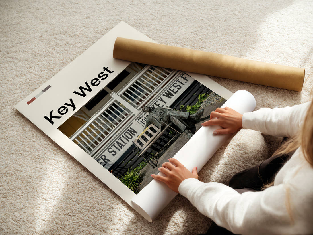 Key West Bench On A Porch Travel Print being unrolled from its postal tube