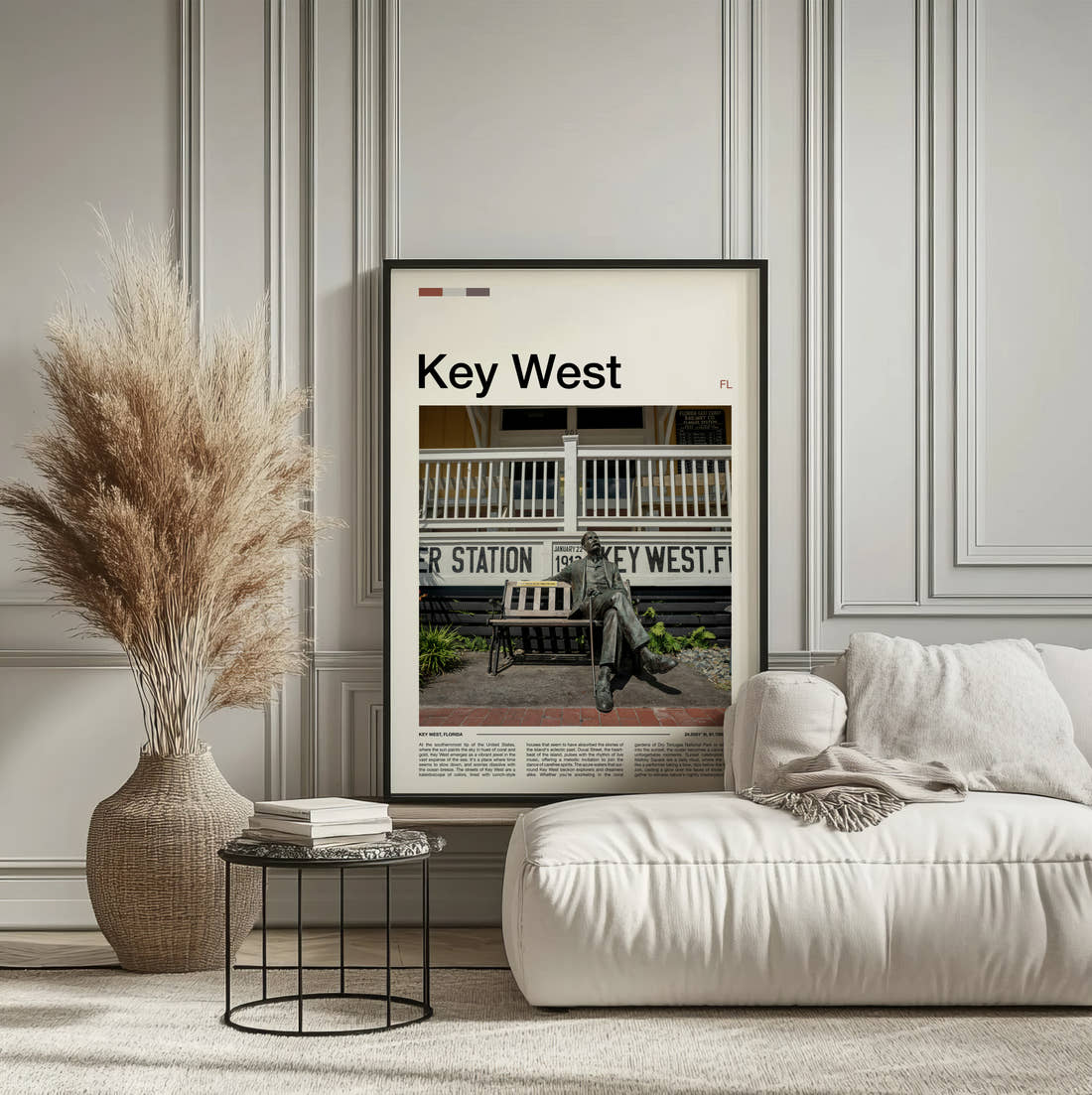 Key West Bench On A Porch Travel Print framed on the wall of a calm, neutral bedroom