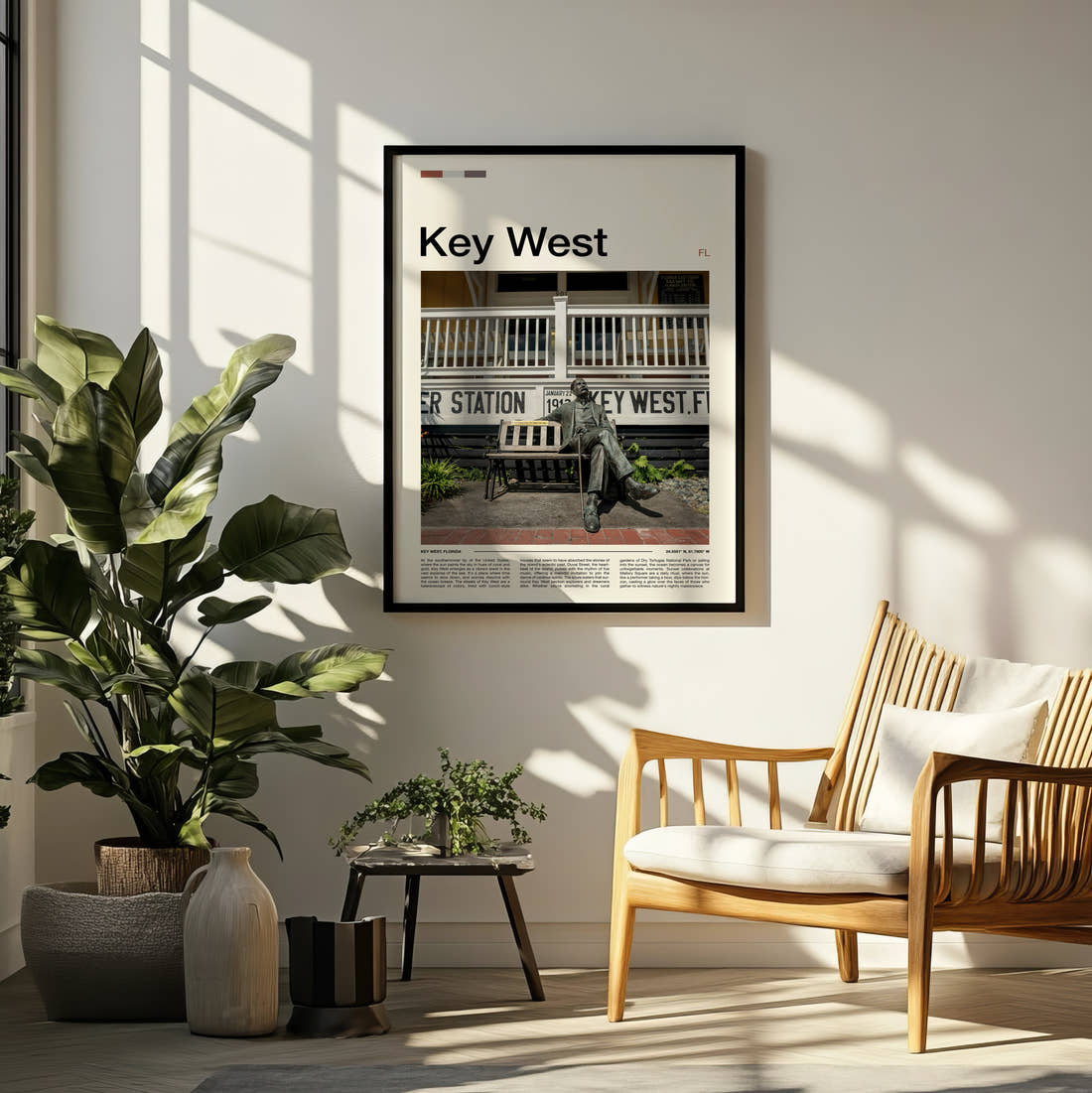Key West Bench On A Porch Travel Print framed on a pale wall beside houseplants