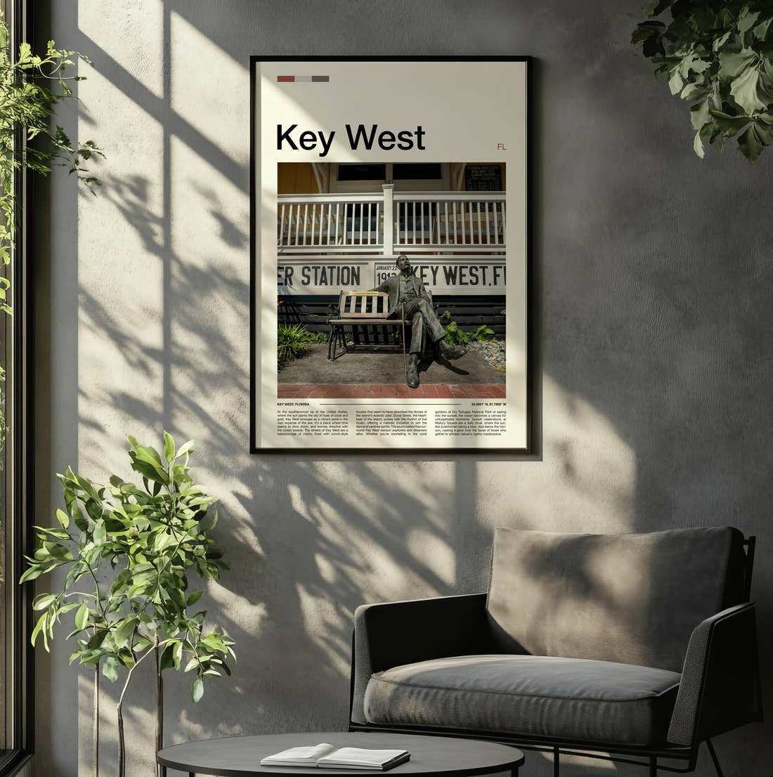 Key West Bench On A Porch Travel Print framed on the wall of a relaxed living room