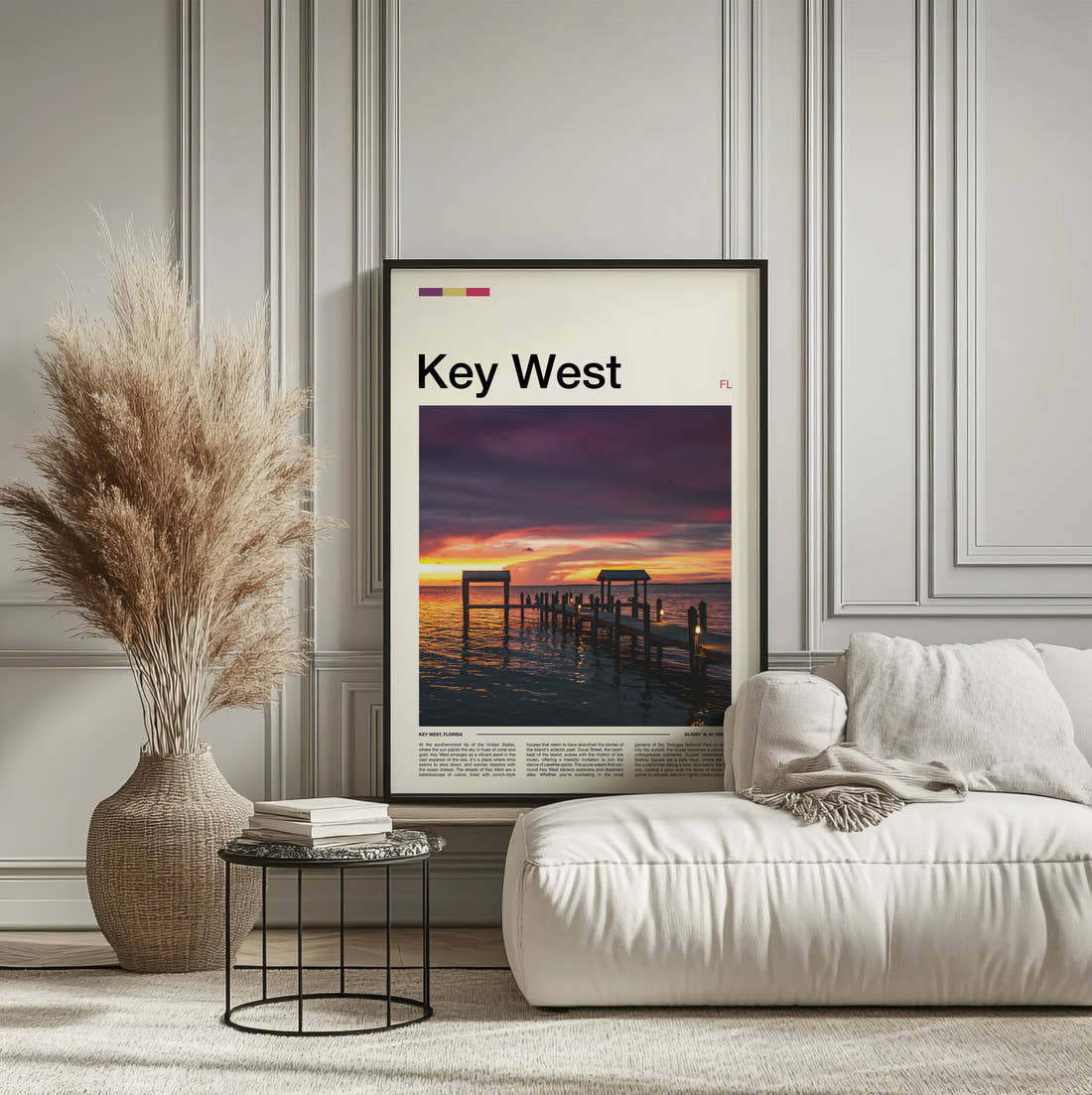 Key West Wooden Pier At Sunset Travel Print framed on the wall of a calm, neutral bedroom